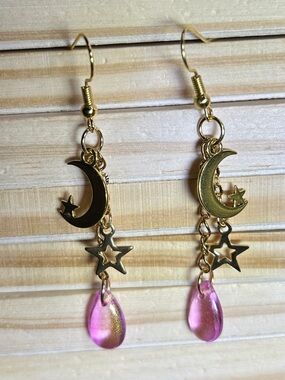 3/$25 Stainless Steel Moon & Star Drop Earrings with Pink Teardrop Accent